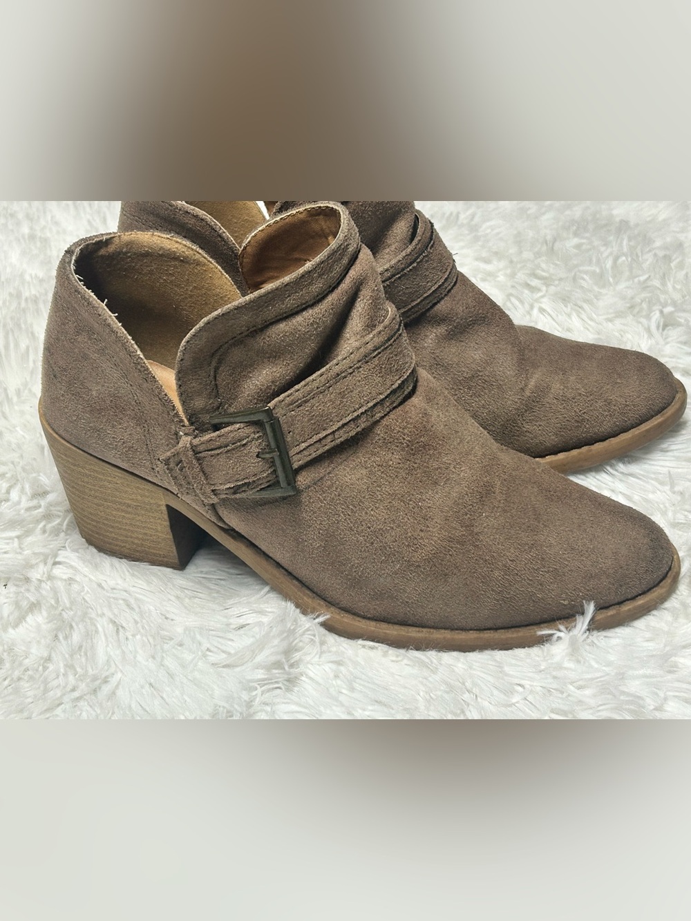 Slip on Buckle Ankle Booties - block heel beige brown suede